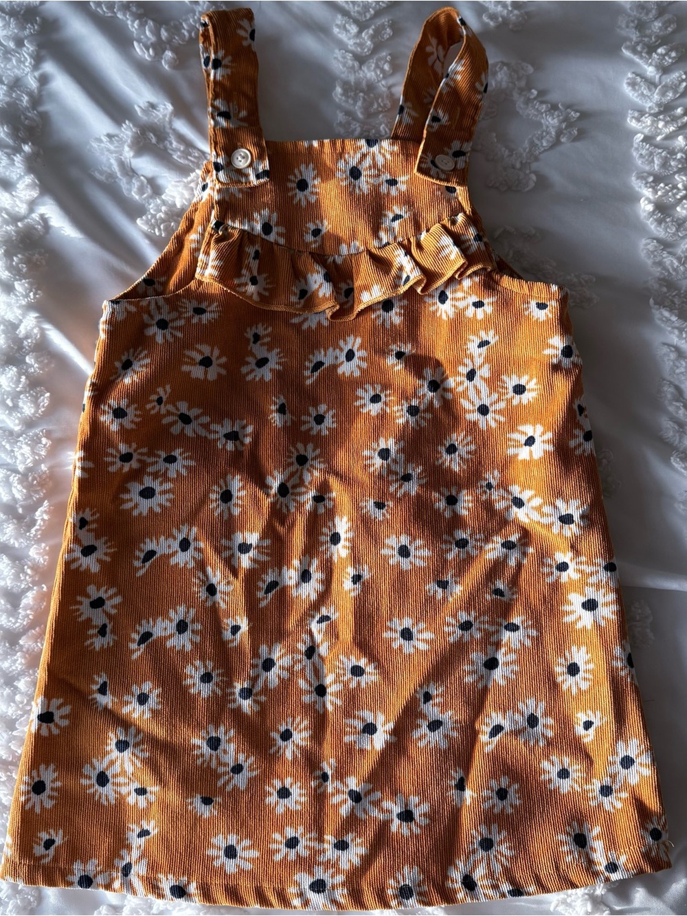 SHEIN Mustard Floral Corduroy Dress with White Daisies